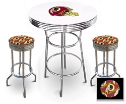 White 3-Piece Pub/Bar Table Set Featuring the Washington Redskins Helmet NFL Team Logo Decal and 2-29" Team Fabric and Clear Vinyl Covered Swivel Seat Cushions
