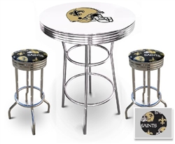 White 3-Piece Pub/Bar Table Set Featuring the New Orleans Saints Helmet NFL Team Logo Decal and 2-29" Team Fabric and Clear Vinyl Covered Swivel Seat Cushions