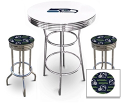 White 3-Piece Pub/Bar Table Set Featuring the Seattle Seahawks NFL Team Logo Decal and 2-29" Team Fabric and Clear Vinyl Covered Swivel Seat Cushions