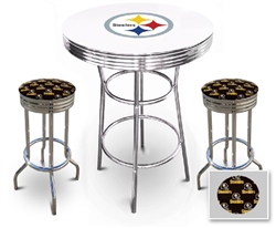 White 3-Piece Pub/Bar Table Set Featuring the Pittsburgh Steelers NFL Team Logo Decal and 2-29" Black Team Fabric and Clear Vinyl Covered Swivel Seat Cushions