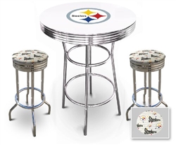 White 3-Piece Pub/Bar Table Set Featuring the Pittsburgh Steelers NFL Team Logo Decal and 2-29" White Team Fabric and Clear Vinyl Covered Swivel Seat Cushions