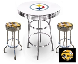 White 3-Piece Pub/Bar Table Set Featuring the Pittsburgh Steelers NFL Team Logo Decal and 2-29" Yellow Team Fabric and Clear Vinyl Covered Swivel Seat Cushions