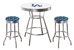 3 Piece White Pub/Bar Table Set Featuring a Team Logo and 2 – 29” Swivel Bar Stools Featuring the LA Dodgers MLB Cotton Team Fabric and Clear Vinyl Covered Seat Cushions