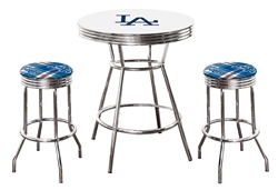 3 Piece White Pub/Bar Table Set Featuring a Team Logo and 2 – 29” Swivel Bar Stools Featuring the LA Dodgers MLB Fleece Team Fabric and Clear Vinyl Covered Seat Cushions
