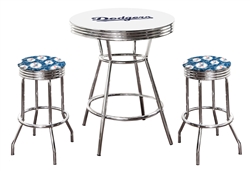 3 Piece White Pub/Bar Table Set Featuring a Team Logo and 2 – 29” Swivel Bar Stools Featuring the Los Angeles Dodgers MLB Cotton Team Fabric and Clear Vinyl Covered Seat Cushions