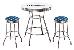 3 Piece White Pub/Bar Table Set Featuring a Team Logo and 2 – 29” Swivel Bar Stools Featuring the Los Angeles Dodgers MLB Cotton Team Fabric and Clear Vinyl Covered Seat Cushions