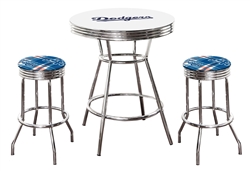 3 Piece White Pub/Bar Table Set Featuring a Team Logo and 2 – 29” Swivel Bar Stools Featuring the Los Angeles Dodgers MLB Fleece Team Fabric and Clear Vinyl Covered Seat Cushions