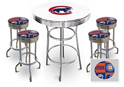 5 Piece White Pub/Bar Table Set Featuring a Team Logo and 4 – 29” Swivel Bar Stools Featuring the Chicago Cubs MLB Fleece Team Fabric and Clear Vinyl Covered Seat Cushions