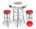 New Gasoline Themed 3 Piece Chrome Bar Table Set with 2 Stools Featuring Fat Boys Gasoline Logo Theme and Seat Cushion Color