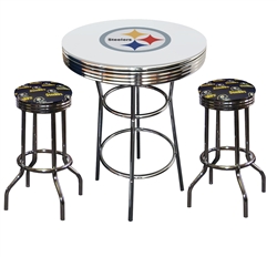 PITTSBURGH STEELERS LOGO METAL CHROME BAR TABLE GLASS TOP W/ 2 SWIVEL BAR STOOLS