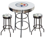 PITTSBURGH STEELERS LOGO METAL CHROME BAR TABLE GLASS TOP W/ 2 SWIVEL BAR STOOLS