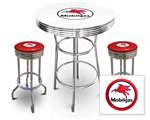 New Gas Themed 3 Piece Bar Table Set Includes 2 Swivel Seat Bar Stools featuring Mobil Gas Theme with Blue Seat Cushion