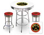 New Gas Themed 3 Piece Bar Table Set Includes 2 Swivel Seat Bar Stools featuring Polly Gas Theme with Red Seat Cushion