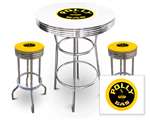 New Gas Themed 3 Piece Bar Table Set Includes 2 Swivel Seat Bar Stools featuring Polly Gas Theme with Yellow Seat Cushion