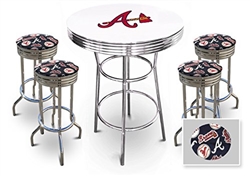 5 Piece White Pub/Bar Table Set Featuring a Team Logo and 4 – 29” Swivel Bar Stools Featuring the Atlanta Braves MLB Fleece Team Fabric and Clear Vinyl Covered Seat Cushions