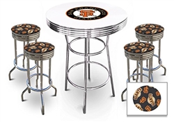 5 Piece White Pub/Bar Table Set Featuring a Team Logo and 4 – 29” Swivel Bar Stools Featuring the San Francisco Giants MLB Fleece Team Fabric and Clear Vinyl Covered Seat Cushions