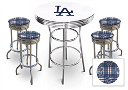 5 Piece White Pub/Bar Table Set Featuring a Team Logo and 4 – 29” Swivel Bar Stools Featuring the LA Dodgers MLB Fleece Team Fabric and Clear Vinyl Covered Seat Cushions