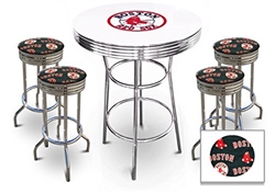 5 Piece White Pub/Bar Table Set Featuring a Team Logo and 4 – 29” Swivel Bar Stools Featuring the Boston Red Sox MLB Fleece Team Fabric and Clear Vinyl Covered Seat Cushions