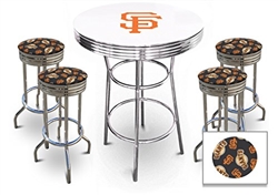 5 Piece White Pub/Bar Table Set Featuring a Team Logo and 4 – 29” Swivel Bar Stools Featuring the SF Giants MLB Fleece Team Fabric and Clear Vinyl Covered Seat Cushions