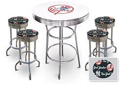 5 Piece White Pub/Bar Table Set Featuring a Team Logo and 4 – 29” Swivel Bar Stools Featuring the New York Yankees MLB Fleece Team Fabric and Clear Vinyl Covered Seat Cushions