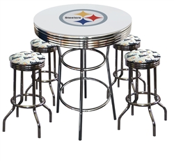 PITTSBURGH STEELERS LOGO METAL CHROME BAR TABLE GLASS TOP W/ 4WHITE FABRIC CUSHION SWIVEL BAR STOOLS