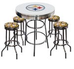 PITTSBURGH STEELERS LOGO CHROME METAL GLASS TOP BAR TABLE W/ 4 YELLOW FABRIC SWIVEL BAR STOOLS CUSHION SWIVEL BAR STOOLS