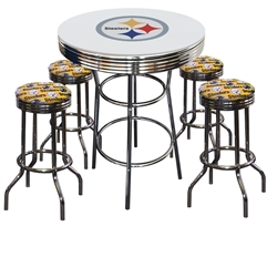 PITTSBURGH STEELERS LOGO CHROME METAL GLASS TOP BAR TABLE W/ 4 YELLOW FABRIC SWIVEL BAR STOOLS CUSHION SWIVEL BAR STOOLS