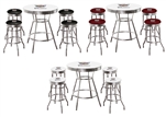 5 pc Bar Table Set Cadillac Logo on a White Table with a Glass Top and 4 Chrome Stools with Cadillac Logo on Colored Vinyl Swivel Seat Cushions