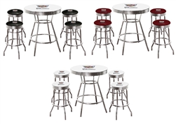 5 pc Bar Table Set Cadillac Logo on a White Table with a Glass Top and 4 Chrome Stools with Cadillac Logo on Colored Vinyl Swivel Seat Cushions