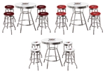 5 pc Bar Table Set Cadillac Logo on a White Table with a Glass Top and 4 Chrome Stools with Cadillac V Logo on Colored Vinyl Swivel Seat Cushions