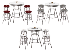 5 pc Bar Table Set Porsche Logo on a White Table with a Glass Top and 4 Chrome Stools with Logo on Colored Vinyl Swivel Seat Cushions