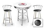 New Gasoline Themed 3 Piece White Chrome Bar Table Set with 2 Stools Featuring Mobil Gas Logo Theme and Seat Cushion Color