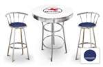 New Gasoline Themed 3 Piece White Chrome Bar Table Set with 2 Stools Featuring Mobil Gas Logo Theme and Seat Cushion Color