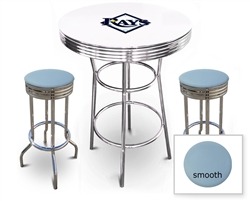 3 Piece White Pub/Bar Table Featuring the Tampa Bay Rays MLB Team Logo Decal with a glass top and 2 Baby Blue Vinyl Covered Cushions on Swivel Stools