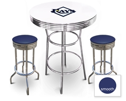 3 Piece White Pub/Bar Table Featuring the Tampa Bay Rays MLB Team Logo Decal with a glass top and 2 Blue Vinyl Covered Cushions on Swivel Stools