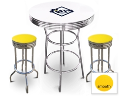 3 Piece White Pub/Bar Table Featuring the Tampa Bay Rays MLB Team Logo Decal with a glass top and 2 Yellow Vinyl Covered Cushions on Swivel Stools