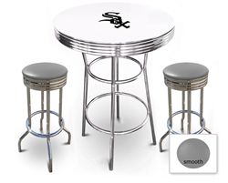 3 Piece White Pub/Bar Table Featuring the Chicago White Sox MLB Team Logo Decal with a glass top and 2 Gray Vinyl Covered Cushions on Swivel Stools