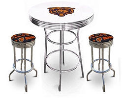 White Pub/Bar Table Featuring the Chicago Bears Team Logo Decal with a glass top and 2 Team Fabric Covered Cushions on 29" Swivel Stools