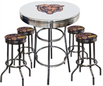 5 Piece White Pub/Bar Table Featuring the Chicago Bears Team Logo Decal with a glass top and 2 Team Fabric Covered Cushions on 29" Swivel Stools