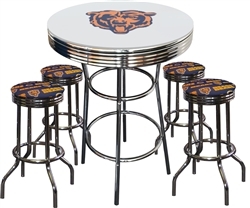 5 Piece White Pub/Bar Table Featuring the Chicago Bears Team Logo Decal with a glass top and 2 Team Fabric Covered Cushions on 29" Swivel Stools