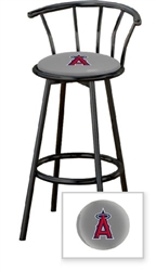 1 - 29" Black Metal Finish Bar Stool with backrest Featuring the Anaheim Angels MLB Team Logo Decal on a Grey Vinyl Covered Seat Cushion