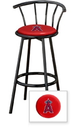 1 - 29" Black Metal Finish Bar Stool with backrest Featuring the Anaheim Angels MLB Team Logo Decal on a Red Vinyl Covered Seat Cushion