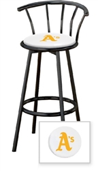 1 - 29" Black Metal Finish Bar Stool with backrest Featuring the Oakland A's MLB Team Logo Decal on a White Vinyl Covered Seat Cushion