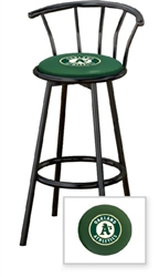 1 - 29" Black Metal Finish Bar Stool with backrest Featuring the Oakland Athletics MLB Team Logo Decal on a Green Vinyl Covered Seat Cushion