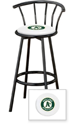 1 - 29" Black Metal Finish Bar Stool with backrest Featuring the Oakland Athletics MLB Team Logo Decal on a White Vinyl Covered Seat Cushion