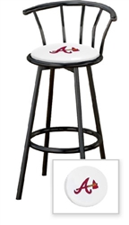 1 - 29" Black Metal Finish Bar Stool with backrest Featuring the Atlanta Braves MLB Team Logo Decal on a White Vinyl Covered Seat Cushion