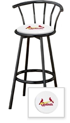 1 - 29" Black Metal Finish Bar Stool with backrest Featuring the St. Louis Cardinals MLB Team Logo Decal on a White Vinyl Covered Seat Cushion