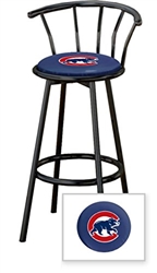 1 - 29" Black Metal Finish Bar Stool with backrest Featuring the Chicago Cubs MLB Team Logo Decal on a Blue Vinyl Covered Seat Cushion