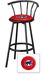 1 - 29" Black Metal Finish Bar Stool with backrest Featuring the Chicago Cubs MLB Team Logo Decal on a Red Vinyl Covered Seat Cushion