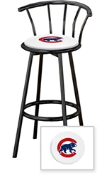 1 - 29" Black Metal Finish Bar Stool with backrest Featuring the Chicago Cubs MLB Team Logo Decal on a White Vinyl Covered Seat Cushion